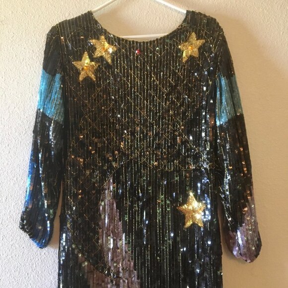 VTG 80s Black Sequins Dress Maxi Dress Gold Stars Blue Pink Lightning Bolt Sz 6 - Picture 2 of 16